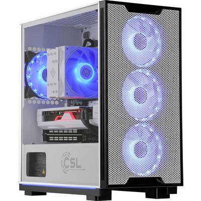 Un boîtier d'ordinateur transparent mettant en valeur les composants internes avec des ventilateurs à LED bleues proéminents et une configuration de matériel, incluant des systèmes de refroidissement et une alimentation électrique.