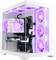 Un ordinateur de jeu blanc personnalisé avec plusieurs ventilateurs éclairés en violet, une carte graphique GeForce RTX et des composants internes soigneusement organisés.
