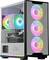 Un PC de jeu avec un boîtier transparent révèle des lumières RGB colorées à l'intérieur, comprenant trois ventilateurs frontaux et un ventirad (refroidisseur de processeur) illuminé.