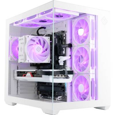 Un PC de gaming blanc avec un panneau latéral transparent mettant en valeur des composants illuminés, comprenant des ventilateurs de refroidissement équipés de lumières LED violettes.