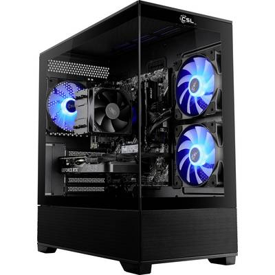 Un boîtier de PC gaming élégant, noir, avec des ventilateurs à LED bleues brillantes visibles à travers un panneau latéral transparent, mettant en valeur ses composants internes.