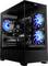 Un boîtier de PC gaming élégant, noir, avec des ventilateurs à LED bleues brillantes visibles à travers un panneau latéral transparent, mettant en valeur ses composants internes.