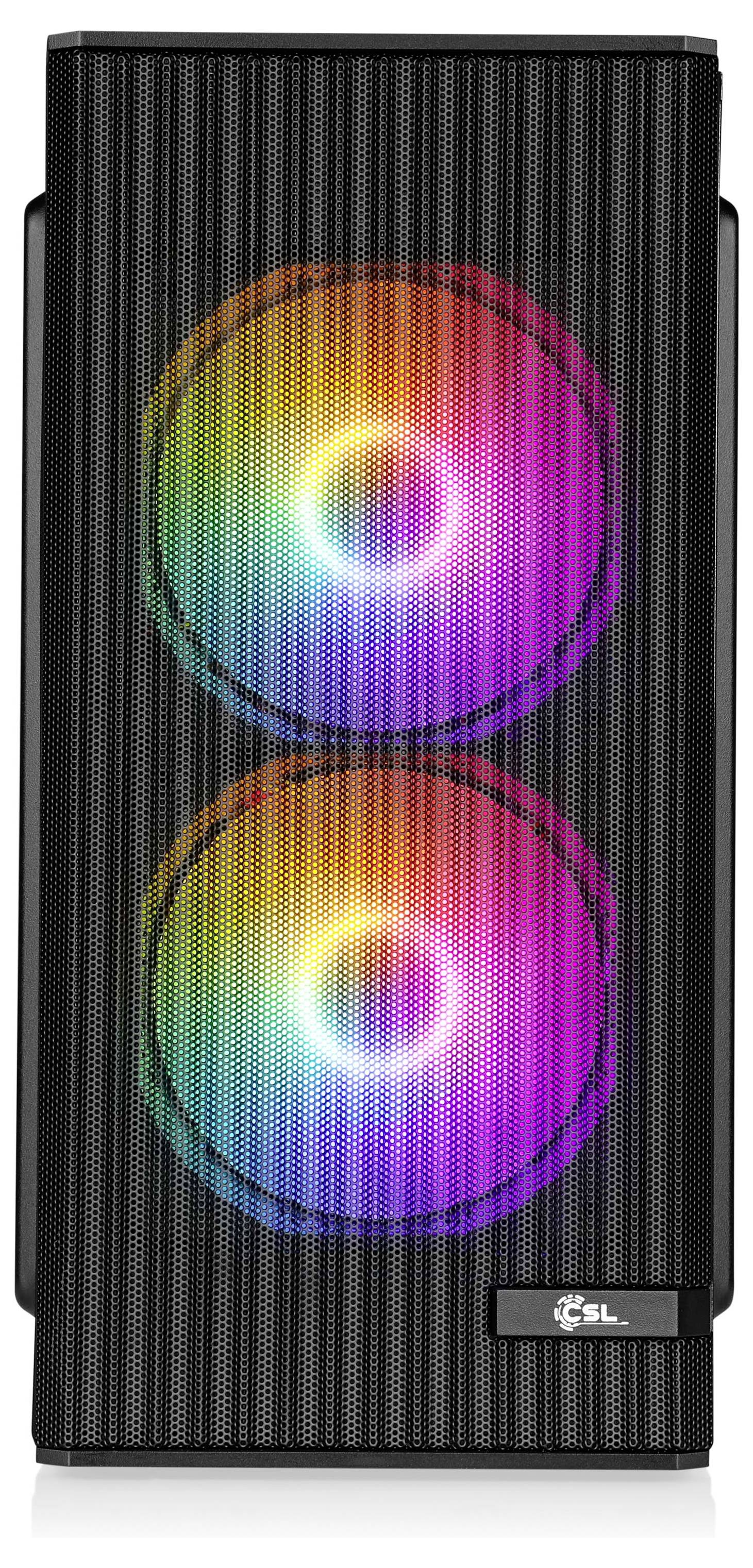 Une tour d'enceinte noire équipée de deux lumières LED circulaires et colorées affichant un dégradé de couleurs, comprenant du vert, du jaune et du violet.
