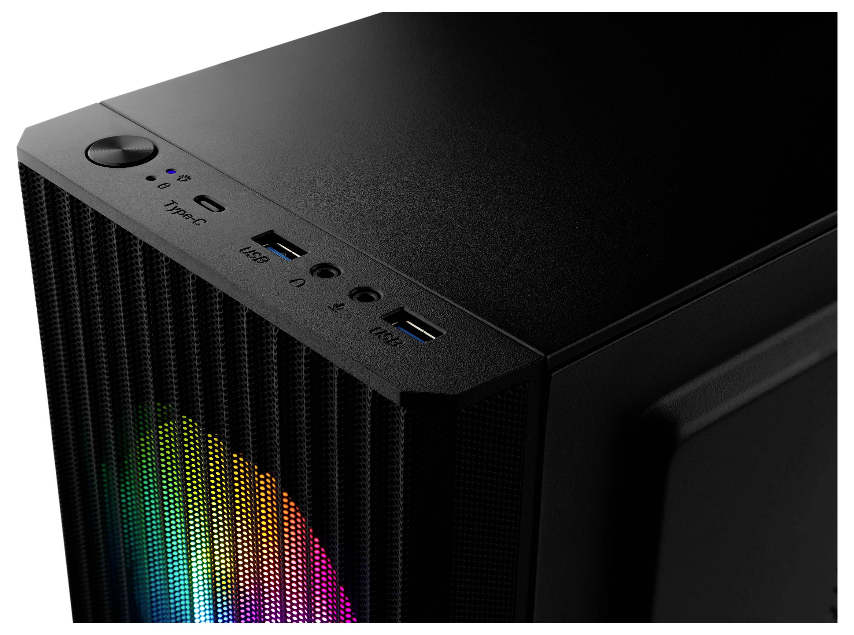 « Tour d'ordinateur noir, vue de dessus avant, avec bouton d'alimentation, ports USB, ventilateur de refroidissement éclairé en RVB, et ports audio. »