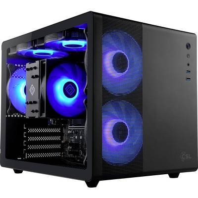 Un PC de jeu noir en forme de cube avec un panneau latéral transparent met en valeur des ventilateurs LED bleus lumineux à l'intérieur, signalant un design de haute performance.