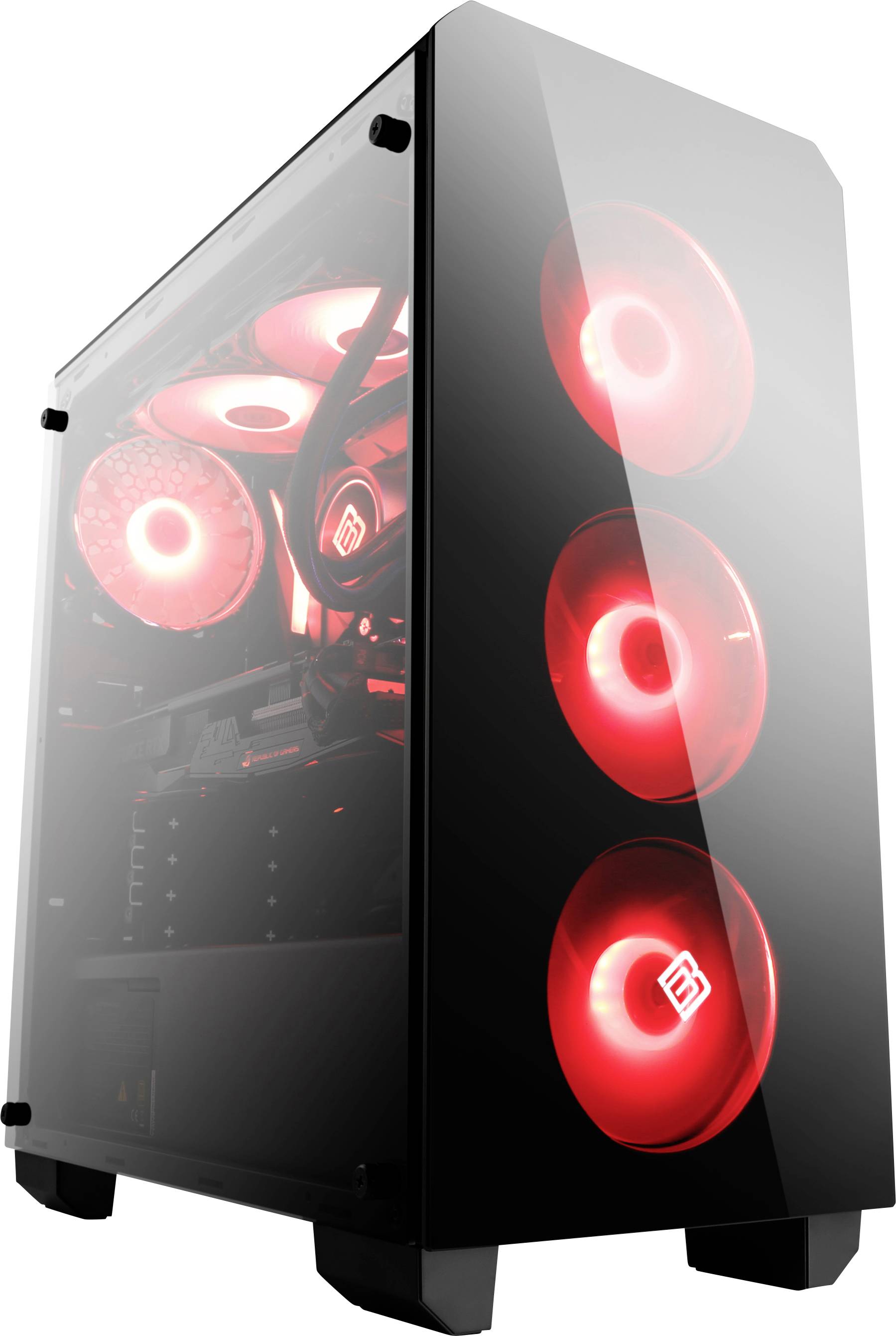 Un boîtier de PC gaming noir avec un panneau transparent exposant plusieurs ventilateurs éclairés en rouge à l'intérieur, conçu pour optimiser le refroidissement et l'esthétique.