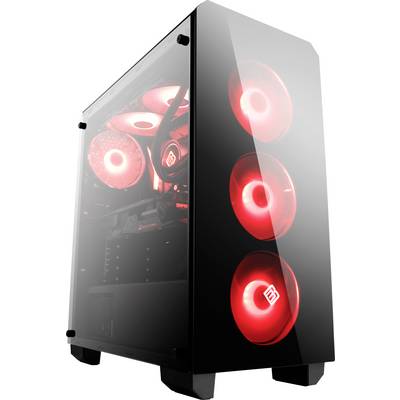 Un boîtier de PC gaming noir avec un panneau transparent exposant plusieurs ventilateurs éclairés en rouge à l'intérieur, conçu pour optimiser le refroidissement et l'esthétique.
