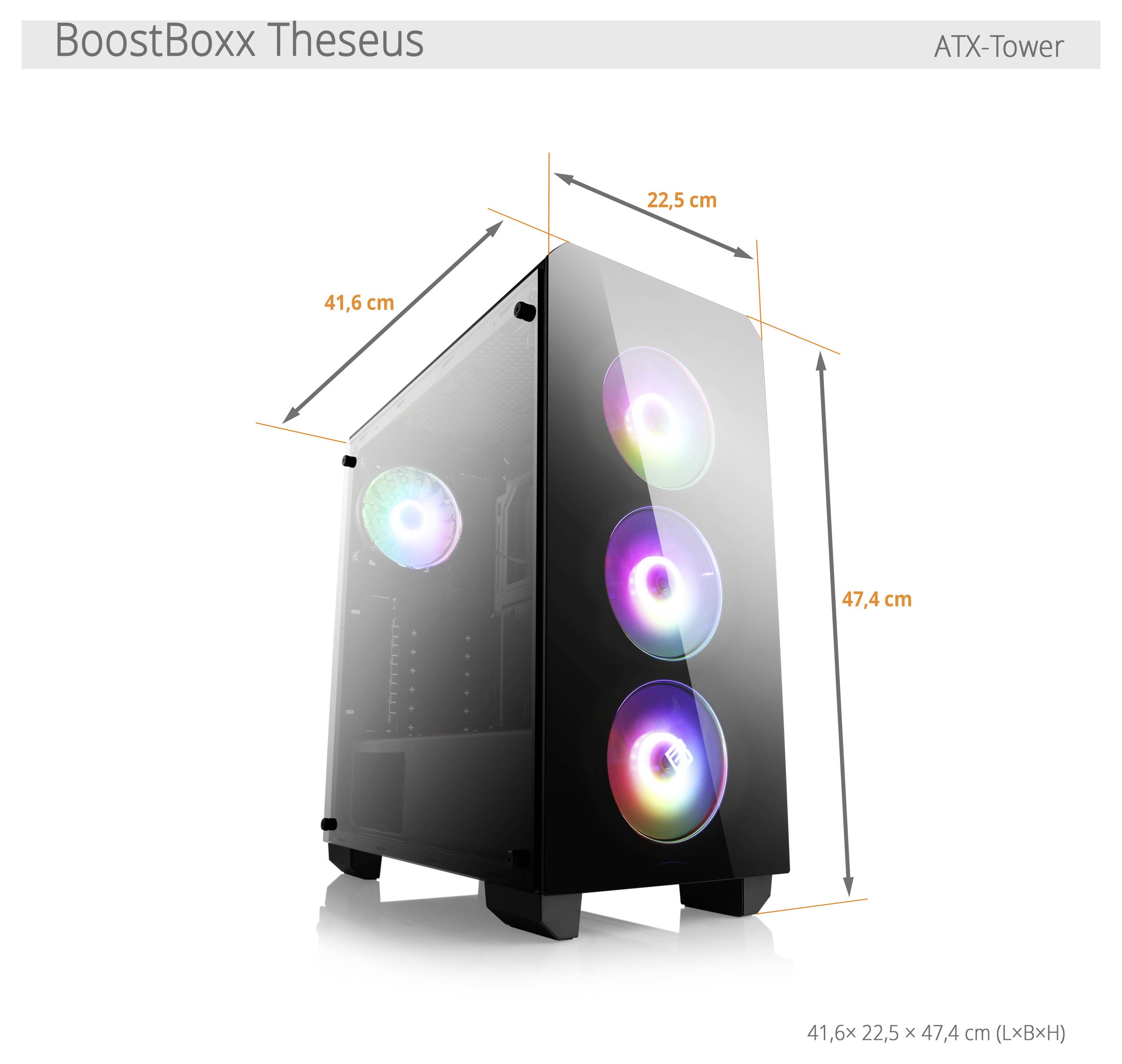 « Un boîtier tour ATX BoostBoxx Theseus noir avec trois ventilateurs RGB frontaux, panneau latéral transparent, et dimensions : 41,6 cm x 22,5 cm x 47,4 cm. »