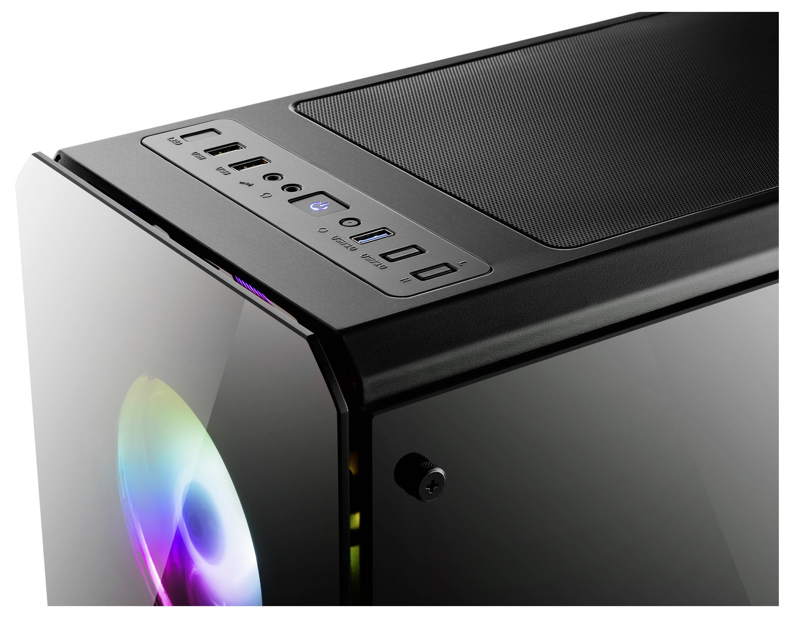 Une tour d'ordinateur noire avec un panneau latéral en verre révélant un ventilateur interne lumineux aux couleurs multiples. Le panneau supérieur comprend plusieurs ports USB.