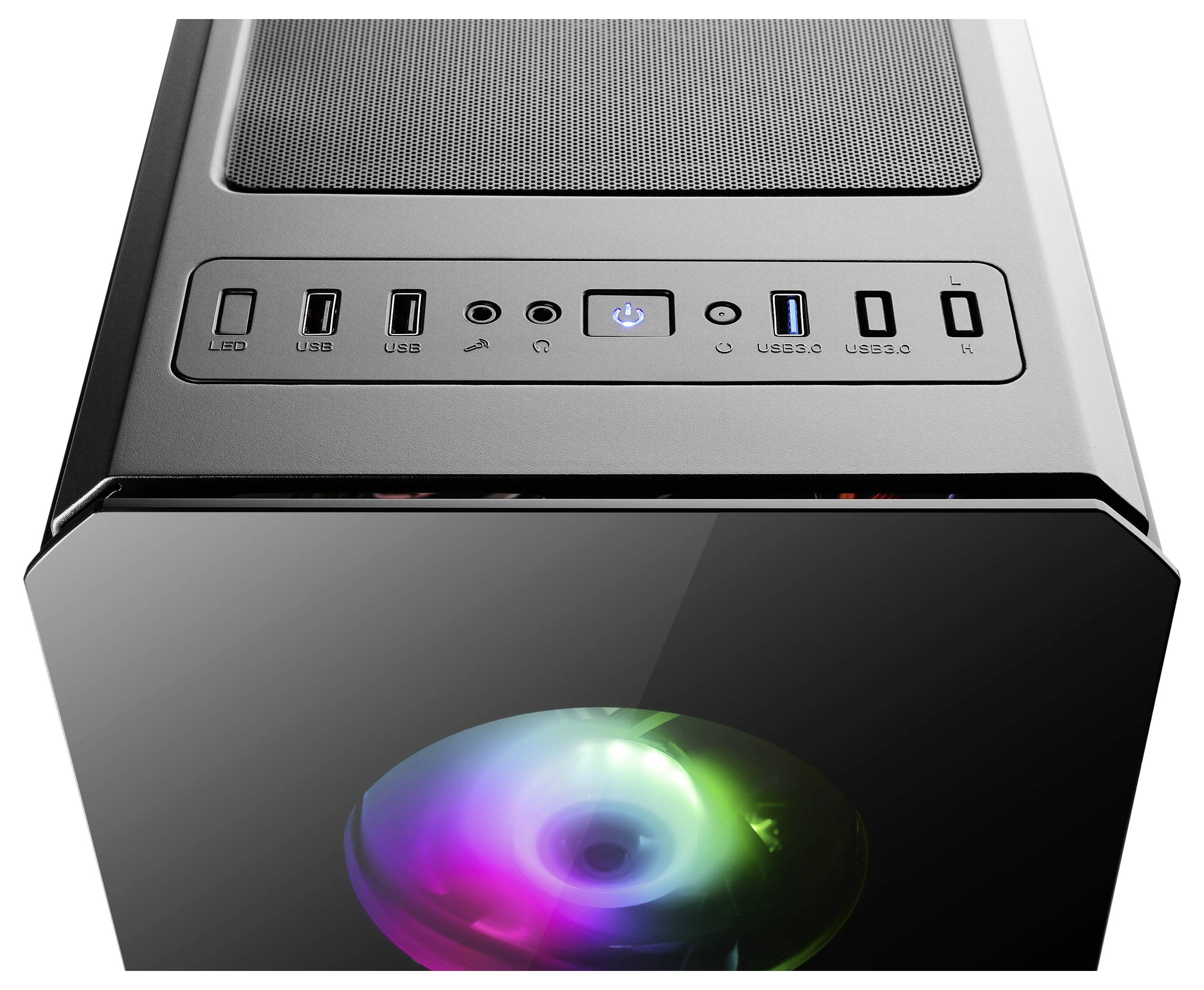 Un boîtier d'ordinateur noir avec des ports USB, un bouton d'alimentation et des prises audio sur le dessus. Un ventilateur à LED coloré est visible à l'intérieur du panneau avant.