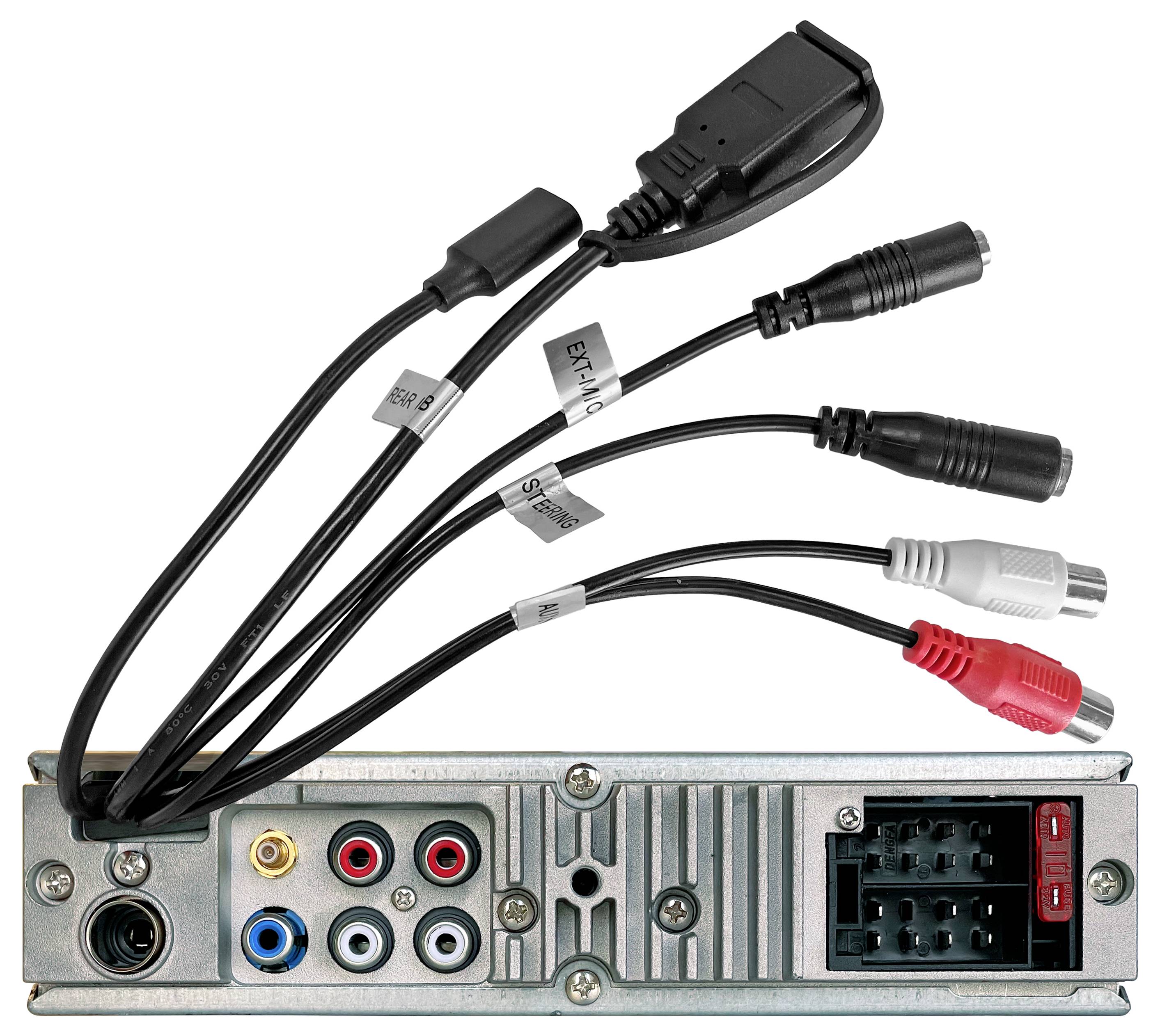 Vue arrière d'un autoradio avec des câbles connectés, comprenant des connecteurs RCA et d'alimentation, étiquetés 'EXT-10' et 'SLP'.