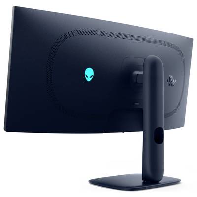 Vue arrière d'un moniteur noir avec un logo d'alien bleu. Le moniteur est sur un support, positionné sur un fond blanc.