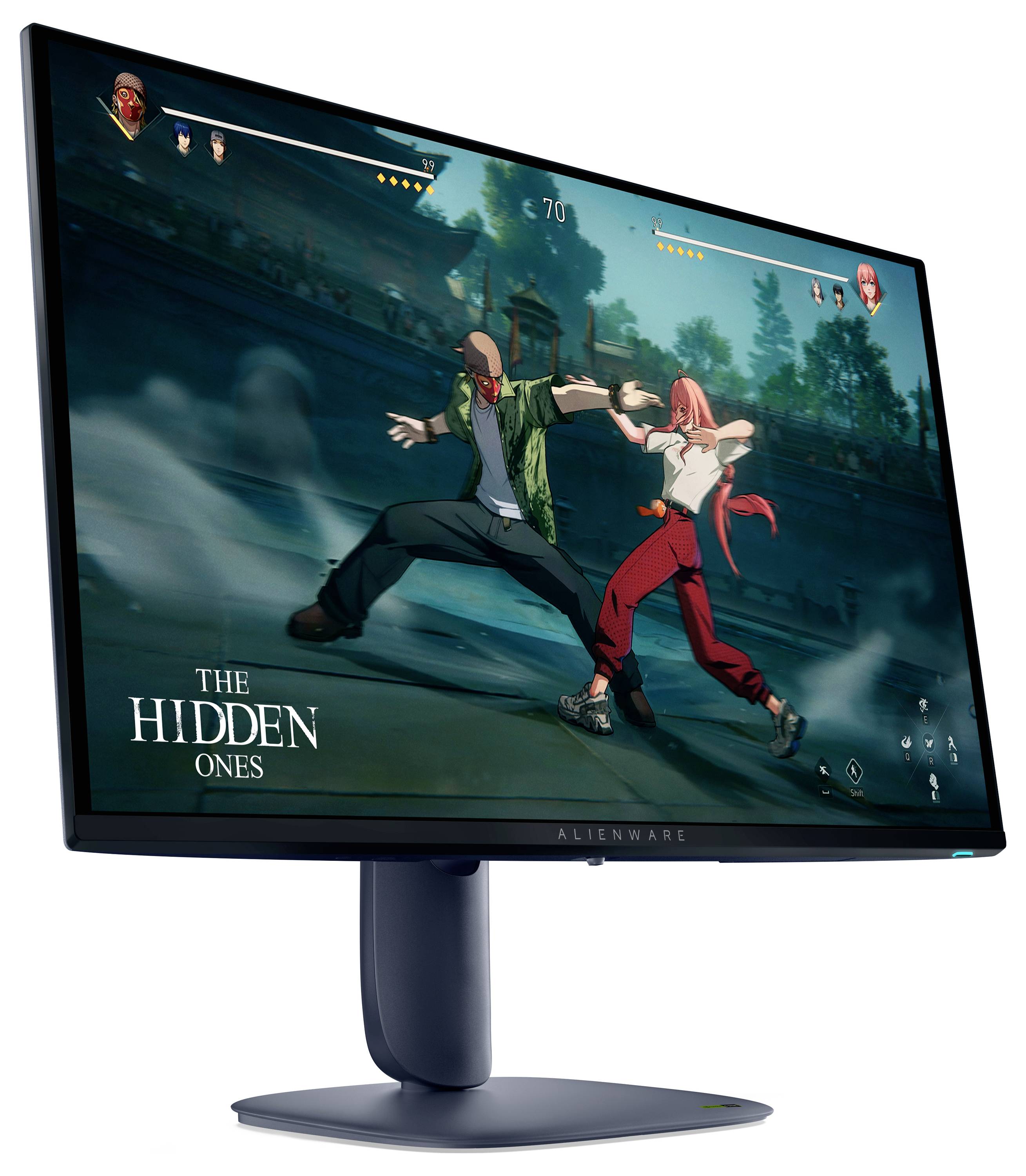 Un moniteur d'ordinateur affichant un jeu de combat intitulé « The Hidden Ones », montrant deux personnages en train de se battre dans un décor extérieur.