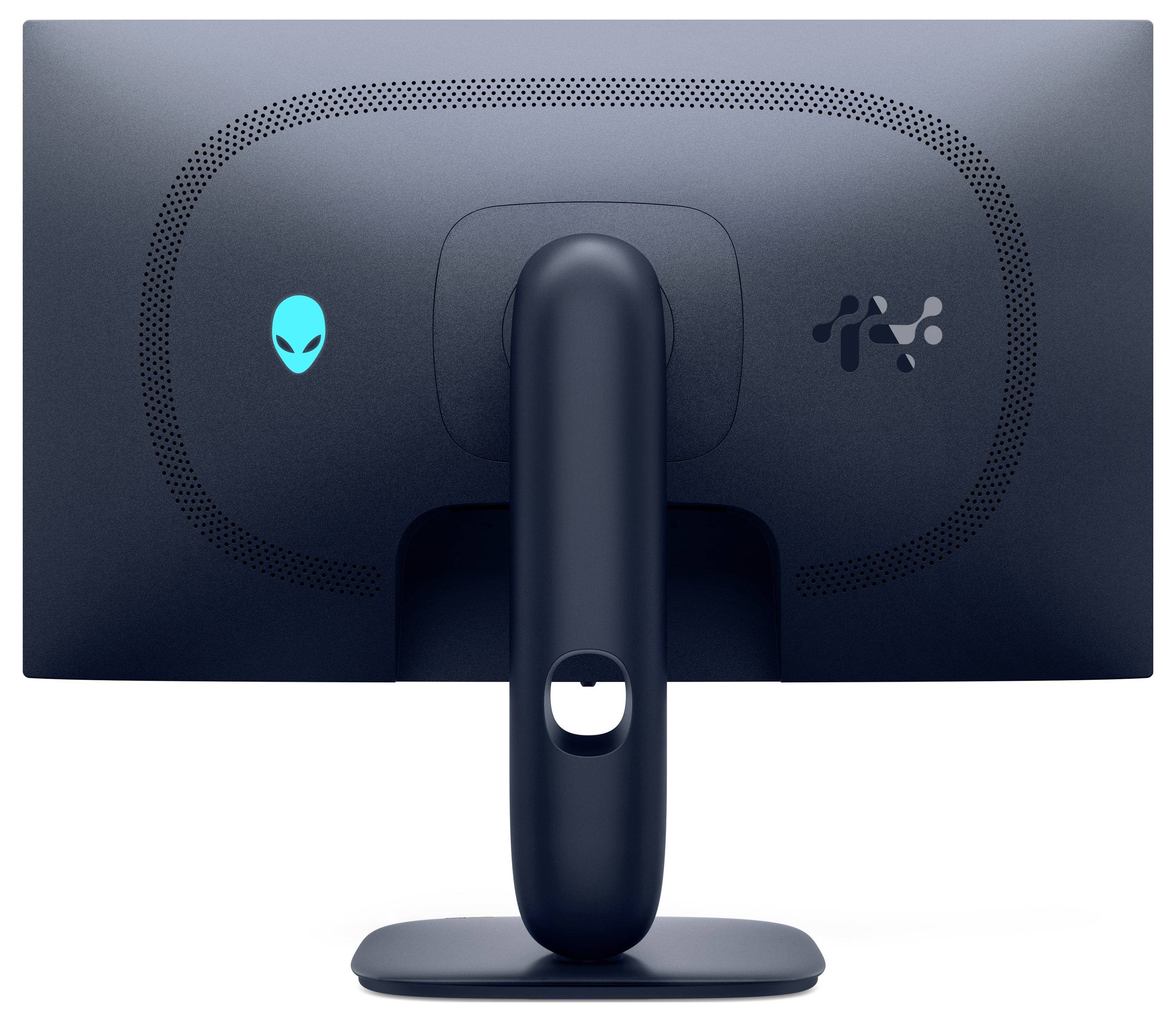 Un écran d'ordinateur noir vu de dos, avec un logo d'alien bleu sur la gauche et un logo de motif numérique sur la droite.