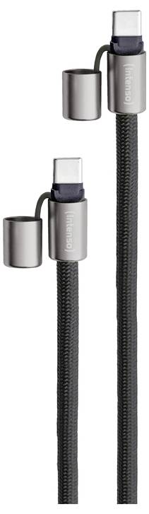 Deux câbles USB-C avec connecteurs métalliques et capuchons de protection, gainés d'une gaine tressée noire, conçus pour la durabilité.