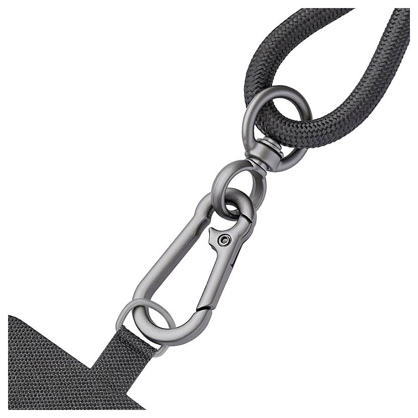 Une sangle gris foncé avec un mousqueton métallique et des anneaux circulaires attachés, probablement utilisée pour transporter ou attacher des objets.