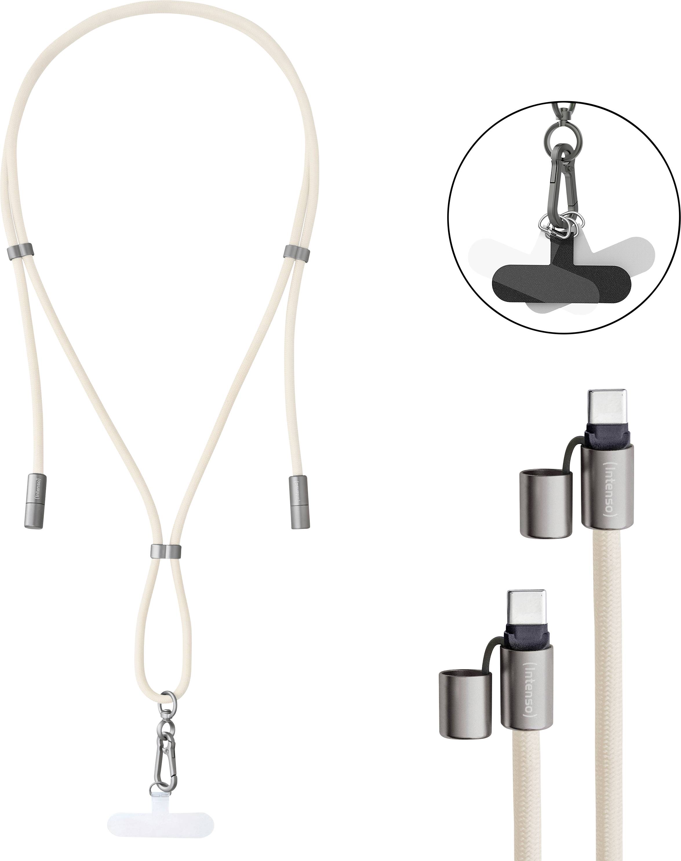 Un cordon beige avec des connecteurs magnétiques détachables et une pince pour badge d'identité, conçu pour tenir des câbles USB-C. Un gros plan montre l'attache magnétique.