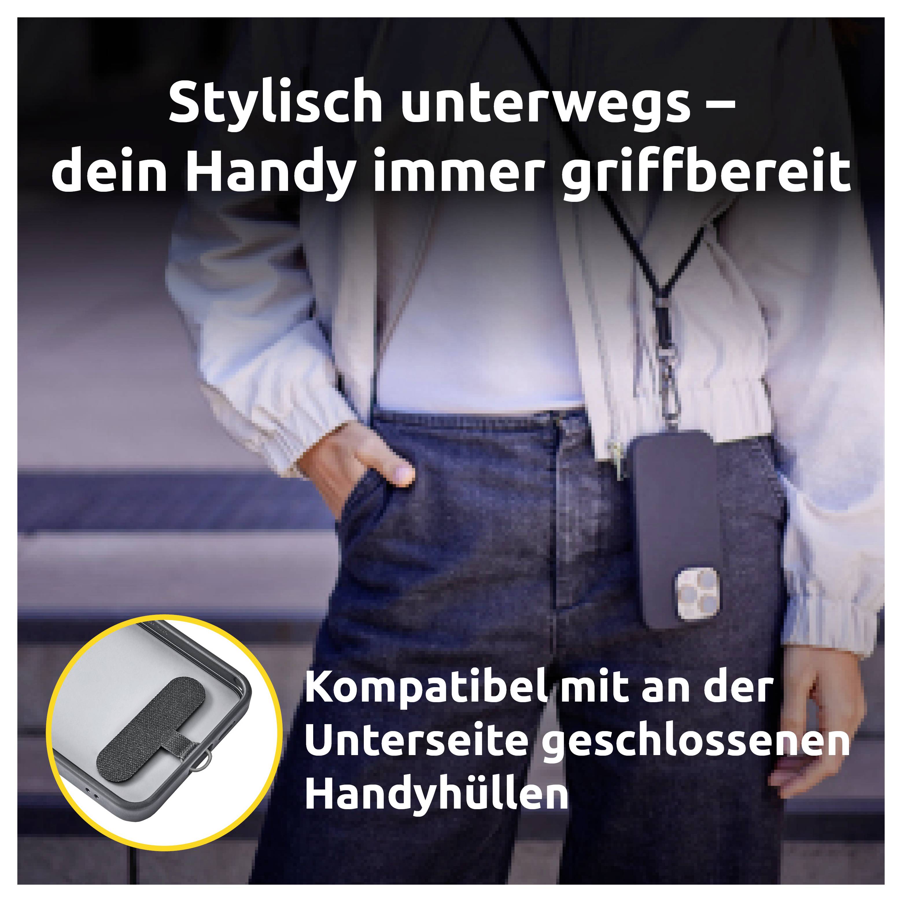 Une personne portant une veste blanche avec un téléphone suspendu dans un étui autour de son cou. Un texte en allemand fait la promotion de l'accessibilité pratique du téléphone.