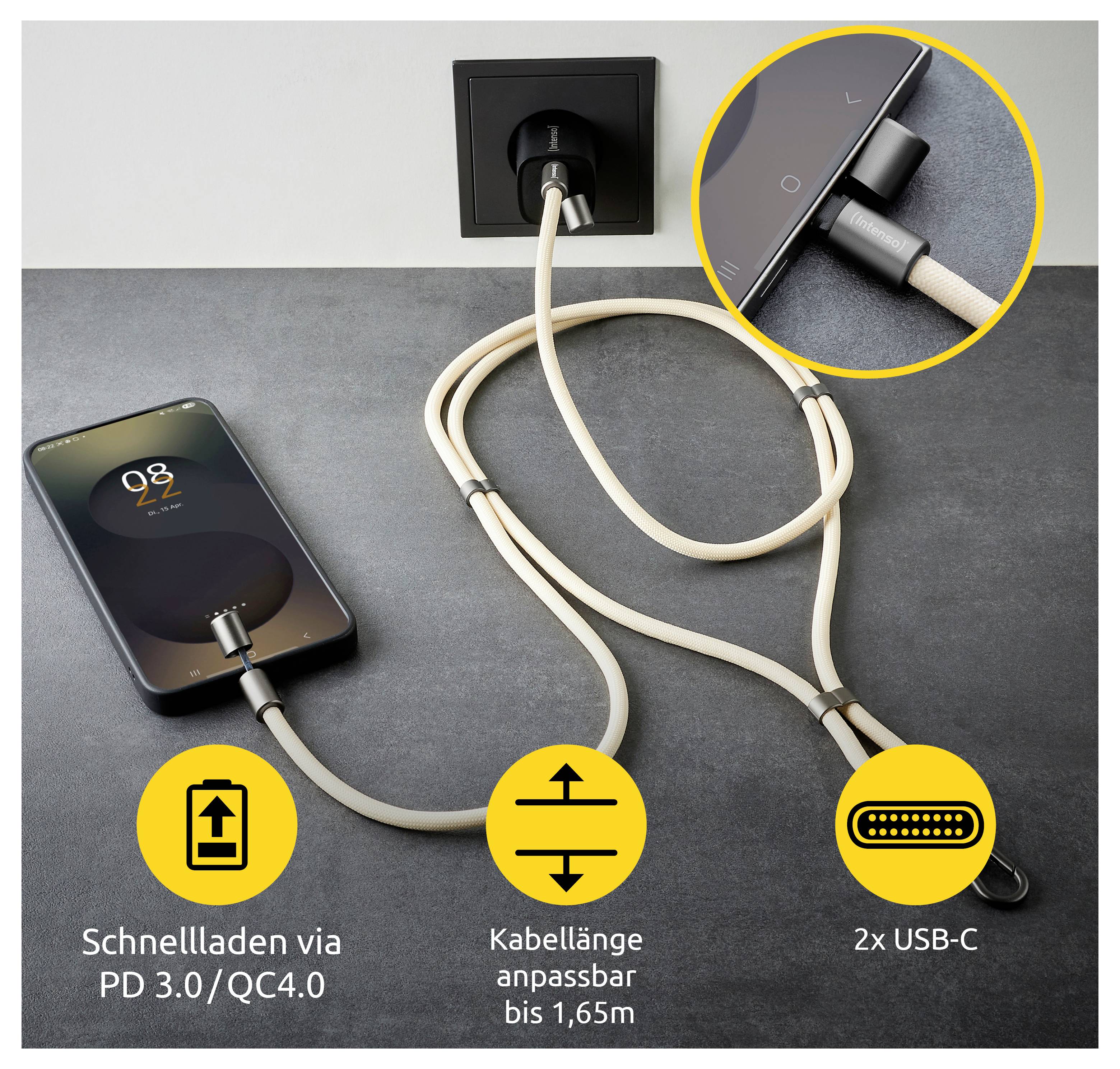 Configuration de charge rapide pour smartphone avec un câble USB-C, mettant en évidence une longueur ajustable jusqu'à 1,65 m et des ports USB-C doubles pour plus de flexibilité.