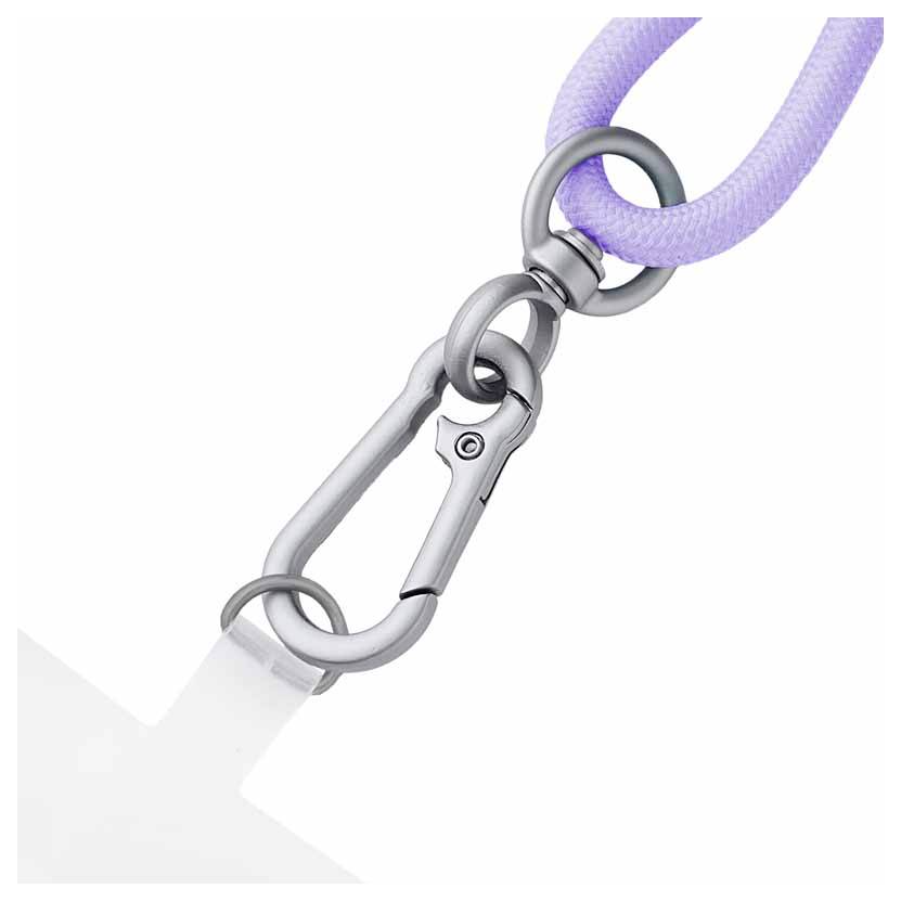 Un porte-clés violet avec un mousqueton métallique attaché.