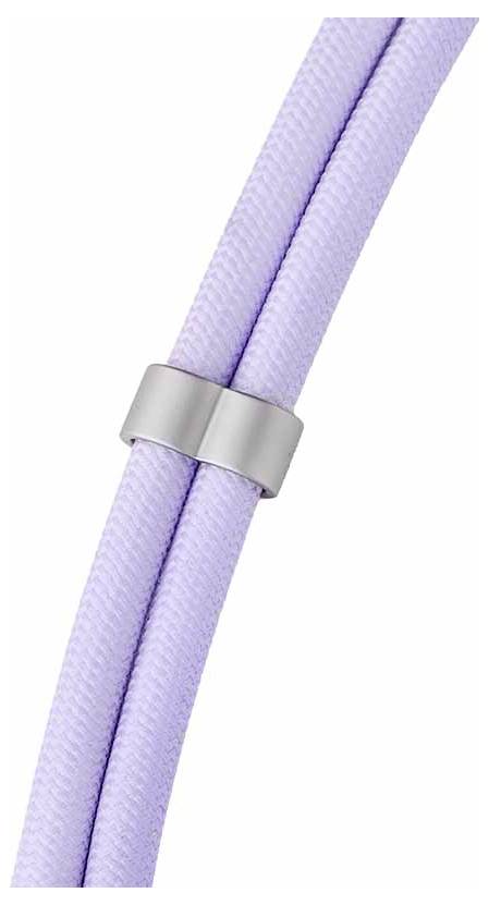Câbles tressés violets maintenus ensemble par un clip argenté.