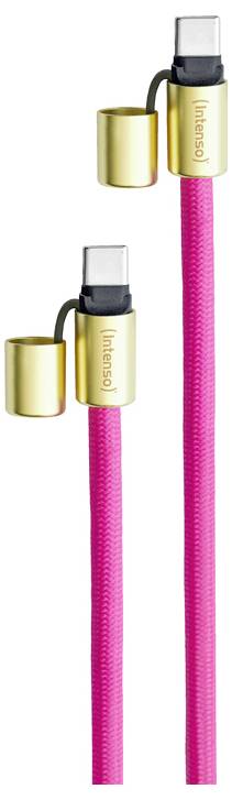 Deux câbles de chargement USB-C tressés roses avec des connecteurs dorés, chacun équipé d'un capuchon amovible à l'extrémité.