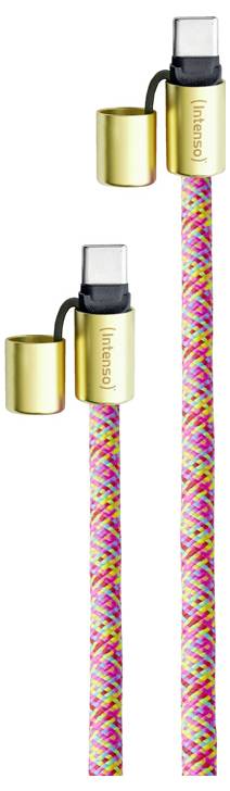 Deux câbles USB-C colorés avec des connecteurs dorés et des motifs tressés. Chaque connecteur est muni d'un petit capuchon de protection.