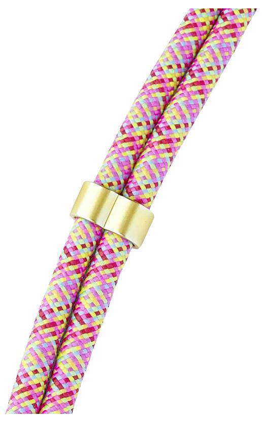 Un gros plan de deux cordes tressées colorées reliées par une agrafe dorée, mettant en valeur des motifs vibrants en rose, jaune et bleu sarcelle.