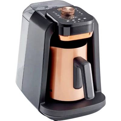 Une machine à café élégante en noir et cuivre avec un panneau de commande numérique et une carafe isotherme assortie, conçue pour les cuisines modernes.