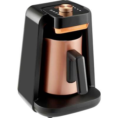 Un cafetière moderne, élégante en noir et cuivre avec un affichage numérique et une grande poignée, conçue pour une préparation de café individuel pratique.