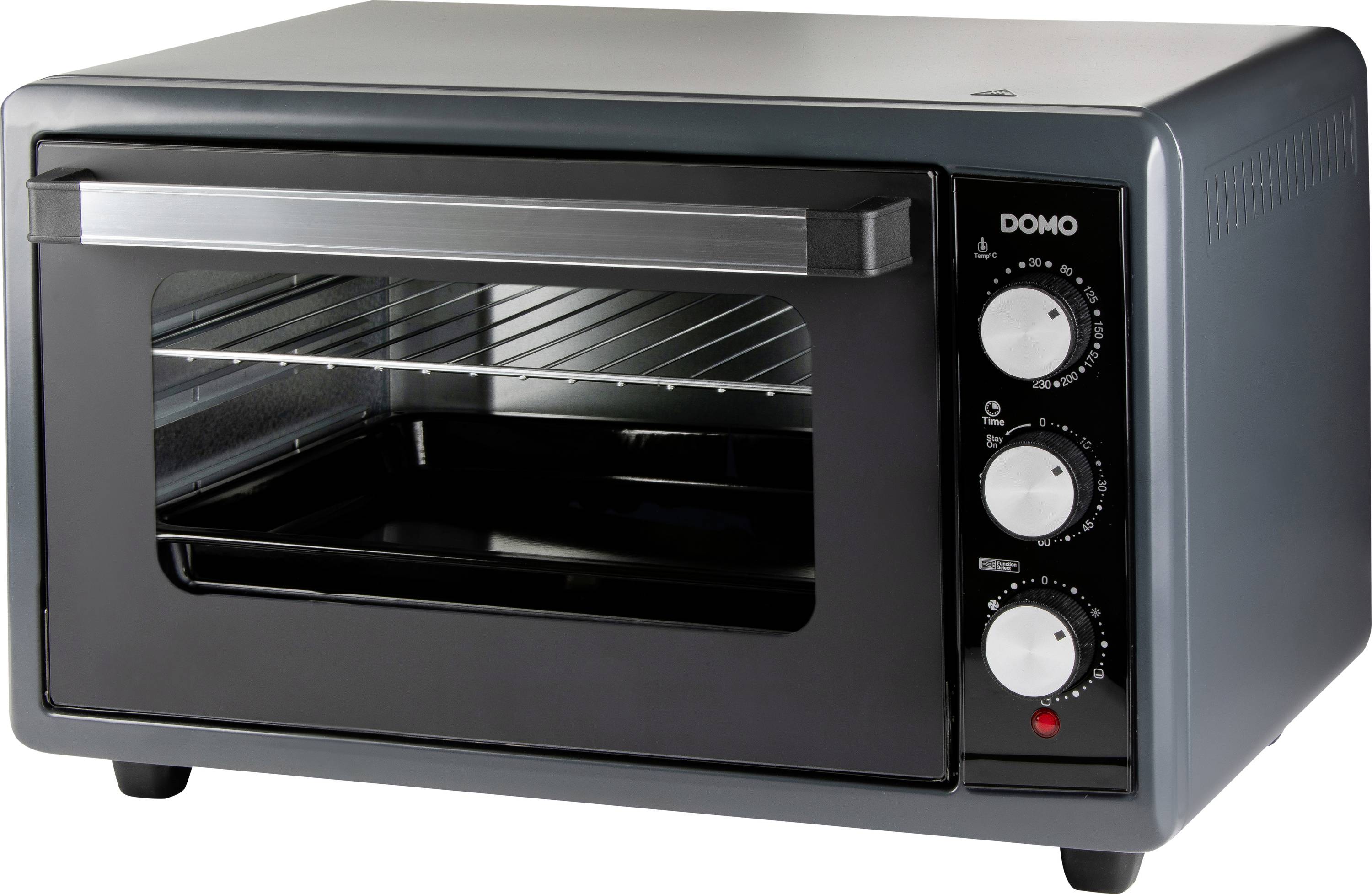 Un four de comptoir compact noir et argenté avec une porte en verre, des boutons de commande sur le côté et un logo de marque.