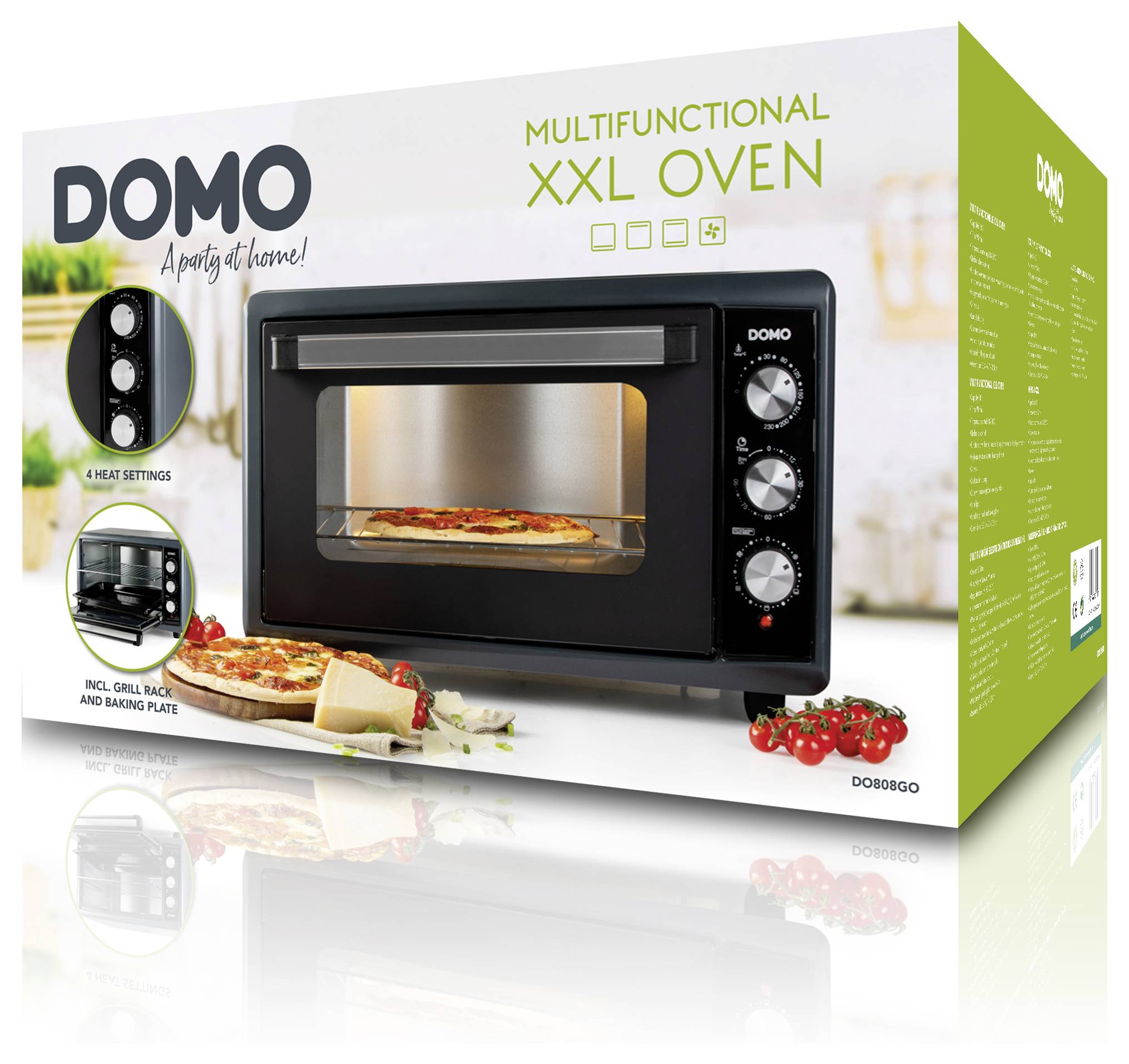 Un coffret contenant un 'Four Multifonction XXL DOMO' avec des images présentant le four, ses commandes, une pizza à l'intérieur et des accessoires comme une grille de cuisson.