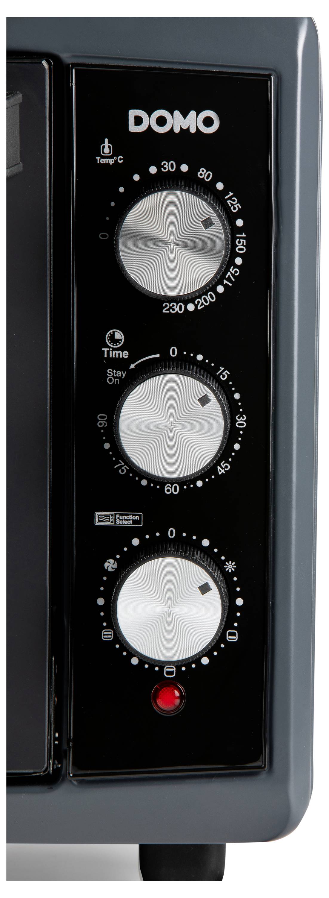 Panneau de commande de l'appareil 'DOMO' avec trois boutons pour régler la température, le temps et les fonctions. Un voyant rouge est situé en dessous.