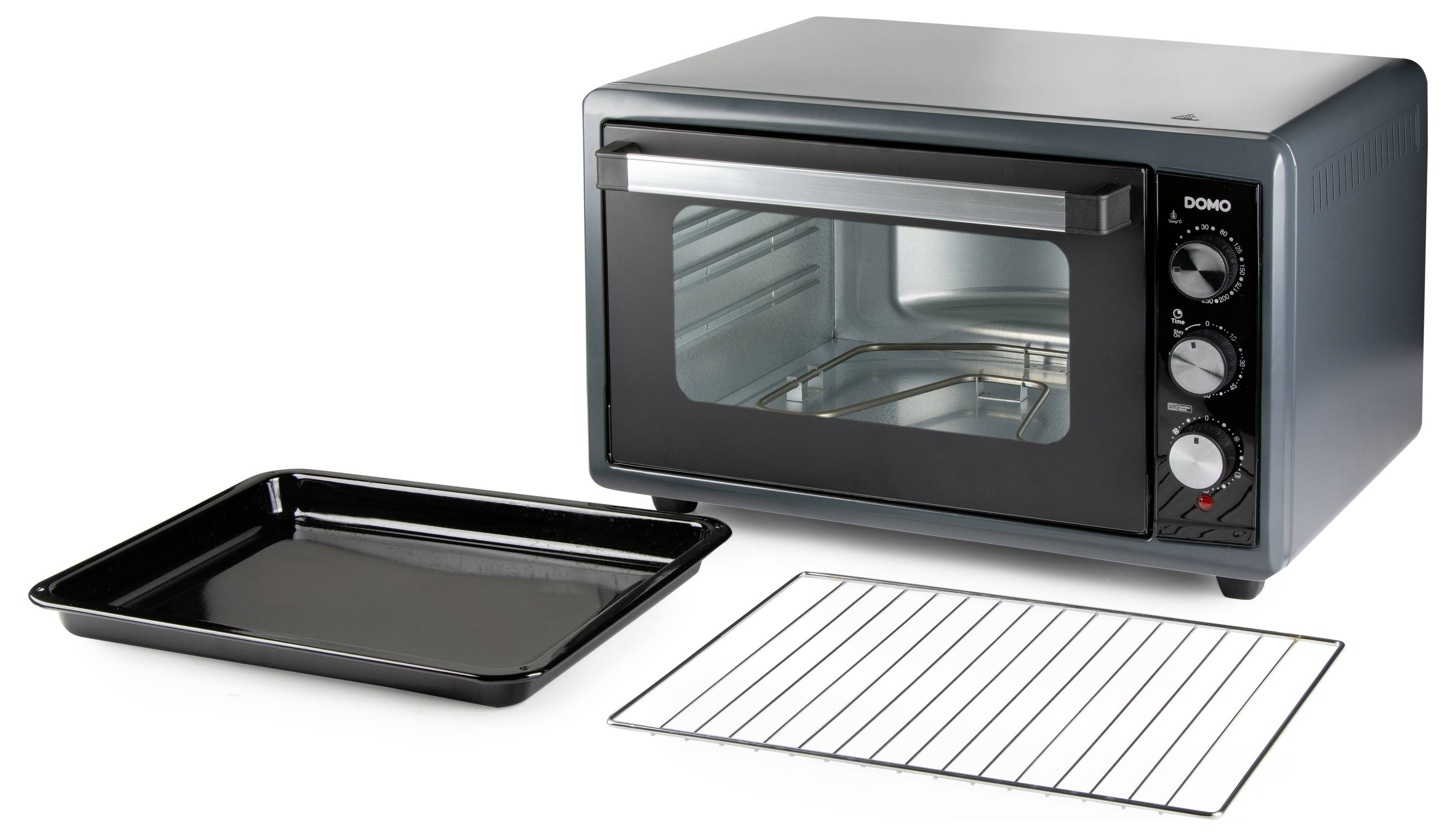 Un four de comptoir doté de boutons pour régler la température, la fonction et le temps de cuisson est présenté avec un plateau de cuisson et une grille métallique.