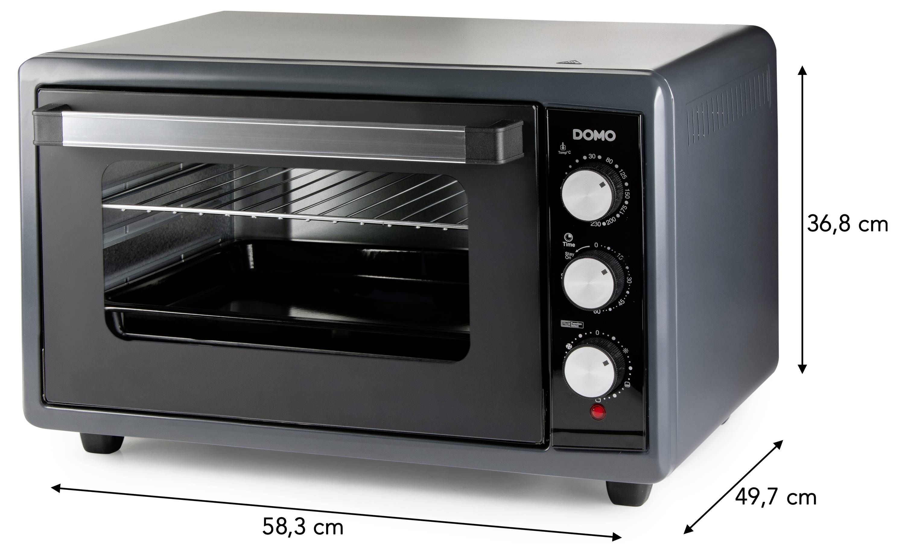 Un four de comptoir noir avec trois boutons de commande sur le côté. Les dimensions du four sont de 58,3 cm de large, 36,8 cm de haut et 49,7 cm de profondeur.