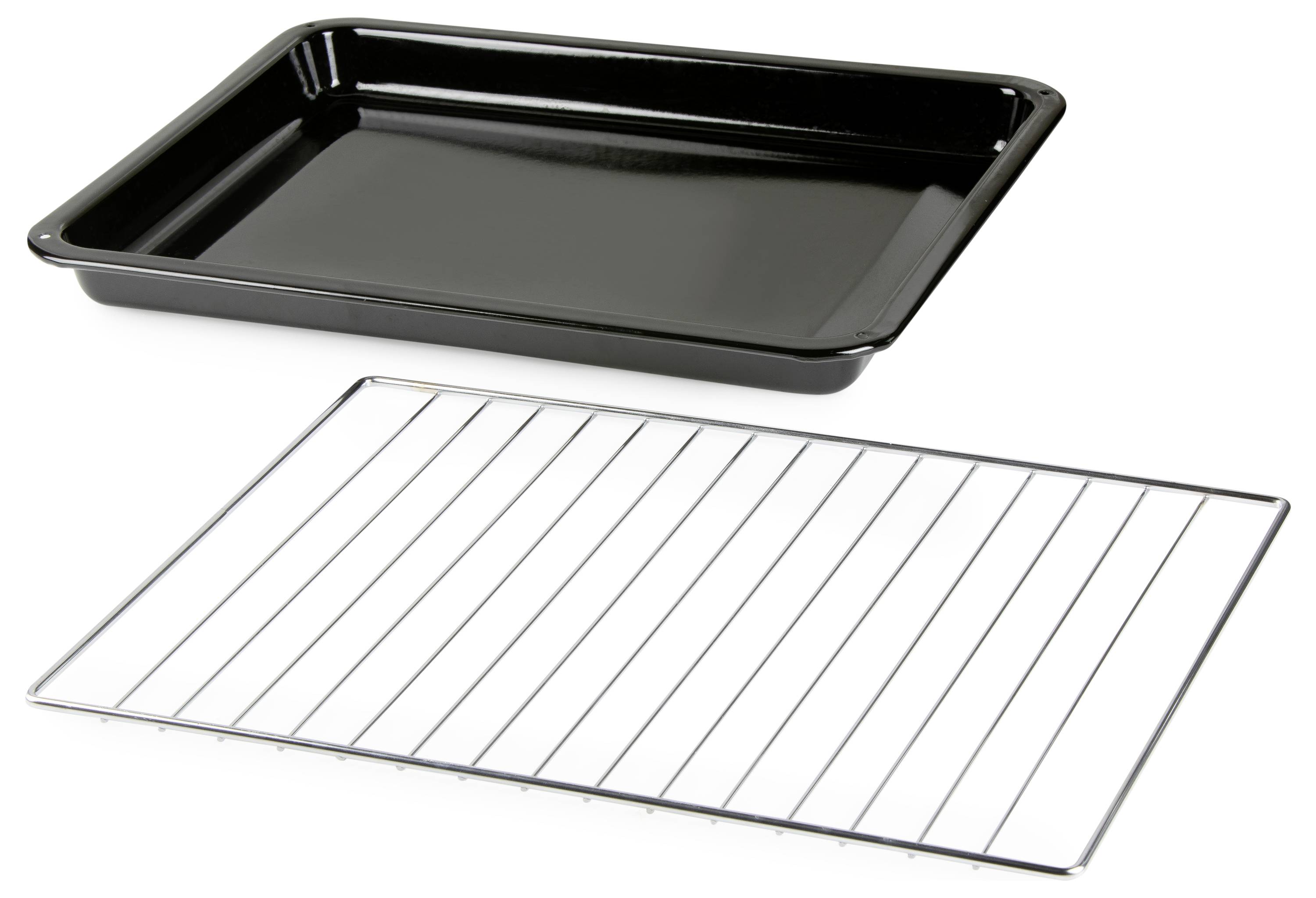 Un plat à rôtir noir et une grille métallique sont présentés, utilisés pour la cuisson ou la pâtisserie. Le plat est rectangulaire, et la grille s'emboîte à l'intérieur.