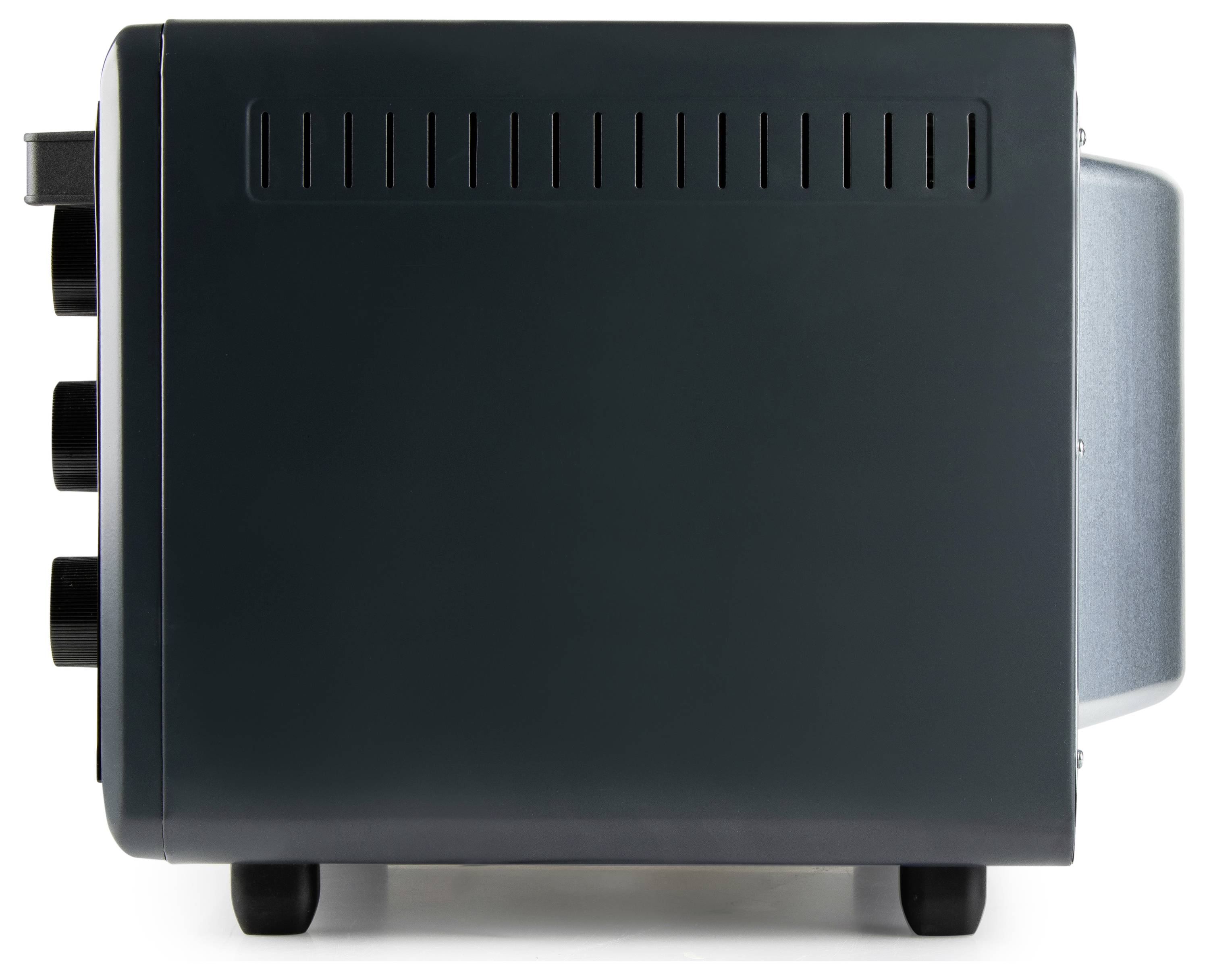 Vue latérale d'un four à micro-ondes noir montrant sa forme rectangulaire, ses fentes de ventilation et ses boutons de commande sur le panneau avant.