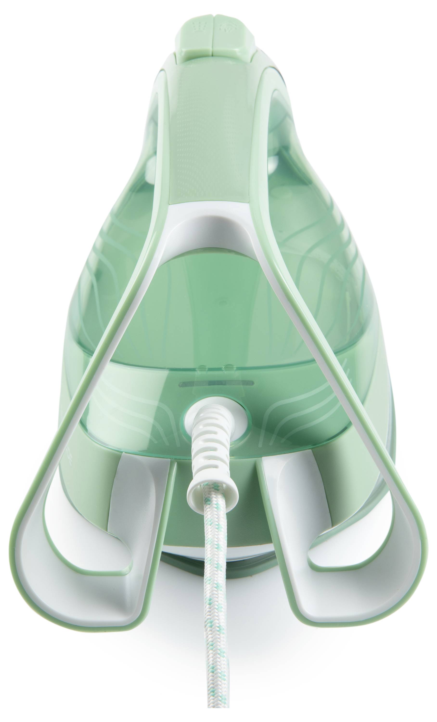 Un fer à repasser électrique vert et blanc vu de dessus, montrant le sommet de la poignée, le réservoir d'eau et le cordon s'étendant vers l'extérieur.