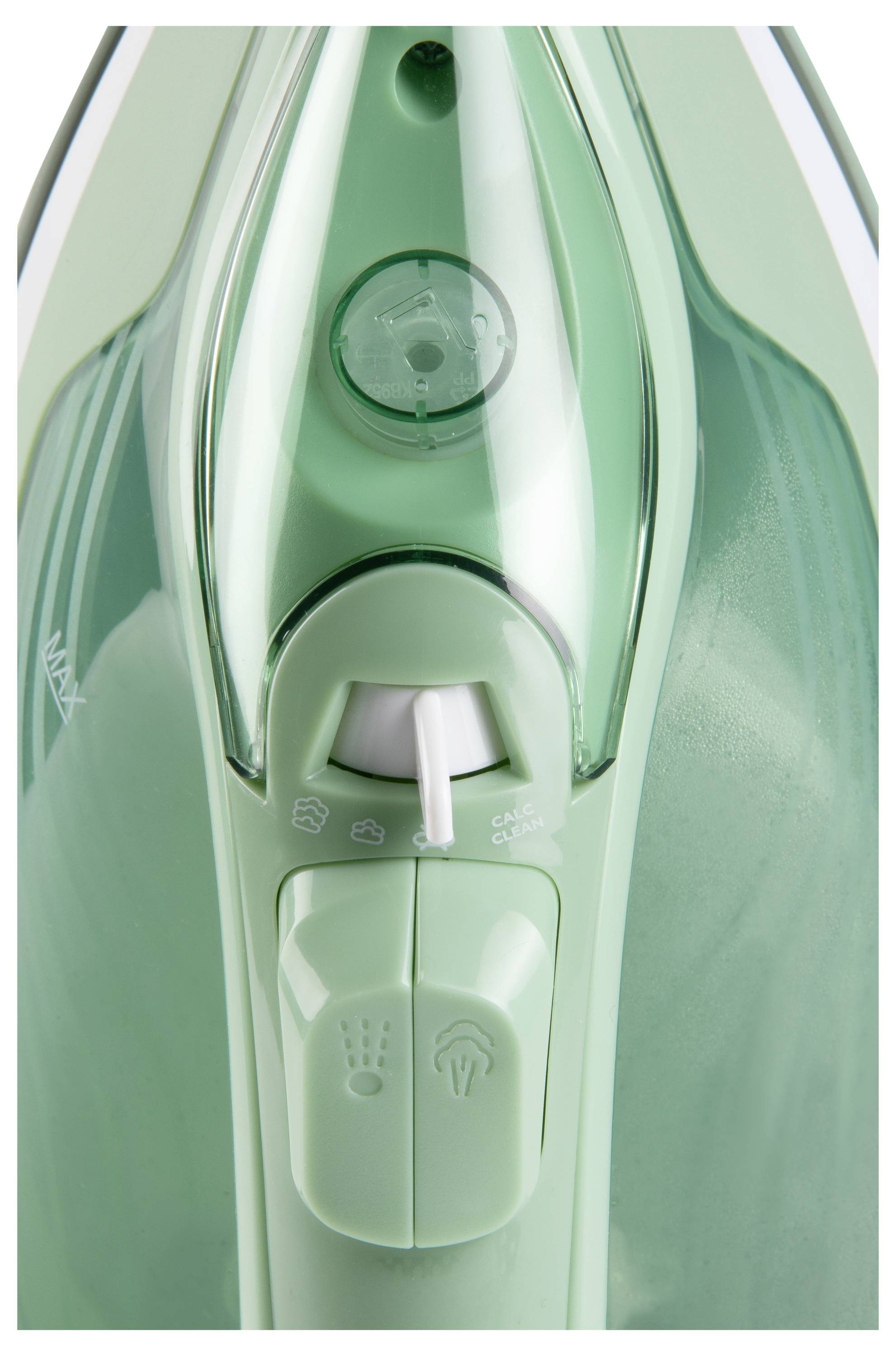 Fer à vapeur vert avec réservoir d'eau et commandes réglables pour la température et les niveaux de vapeur, vu de dessus.