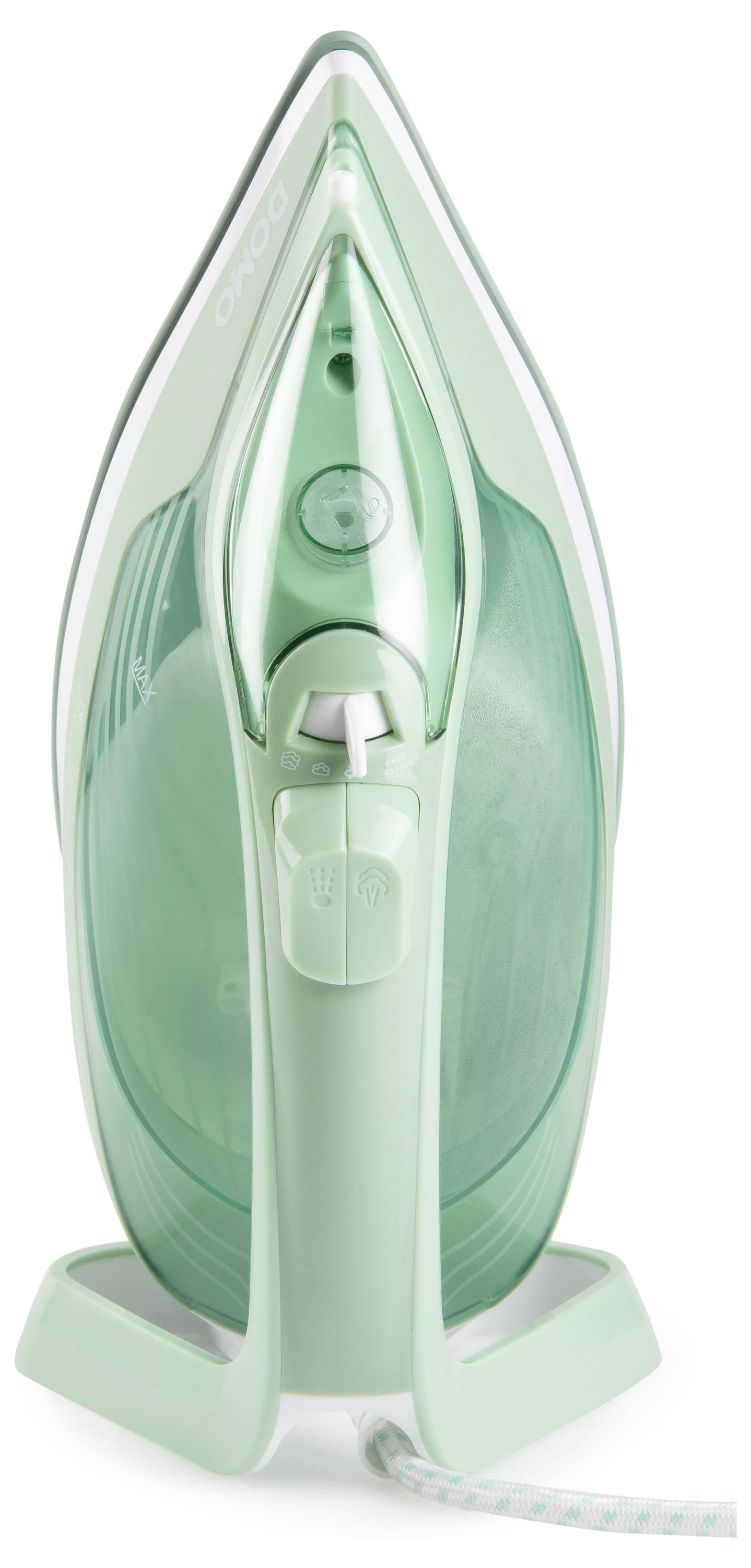 Un fer à repasser vert avec un réservoir d'eau transparent, reposant sur son talon.