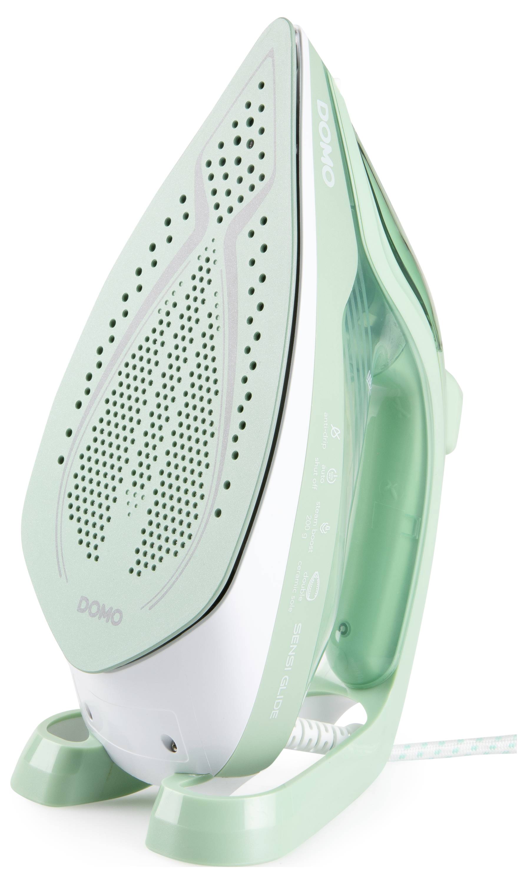 Un fer à repasser vapeur vert clair avec un bout pointu et de multiples trous de vapeur sur la semelle, conçu pour défroisser les vêtements.