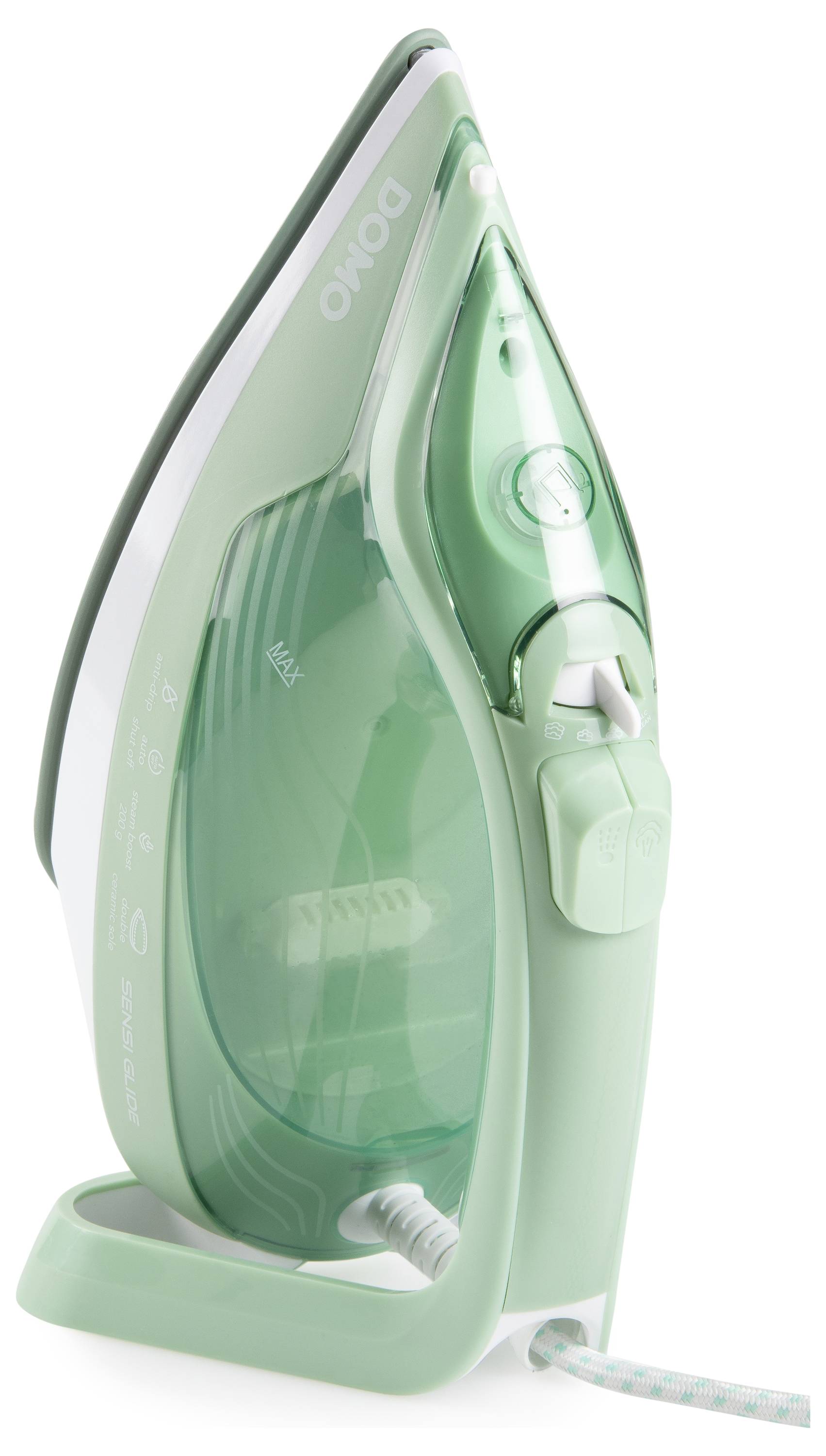 Un fer à repasser vapeur vert avec un réservoir d'eau transparent, un bout pointu, un bouton de réglage de température et un cordon d'alimentation.