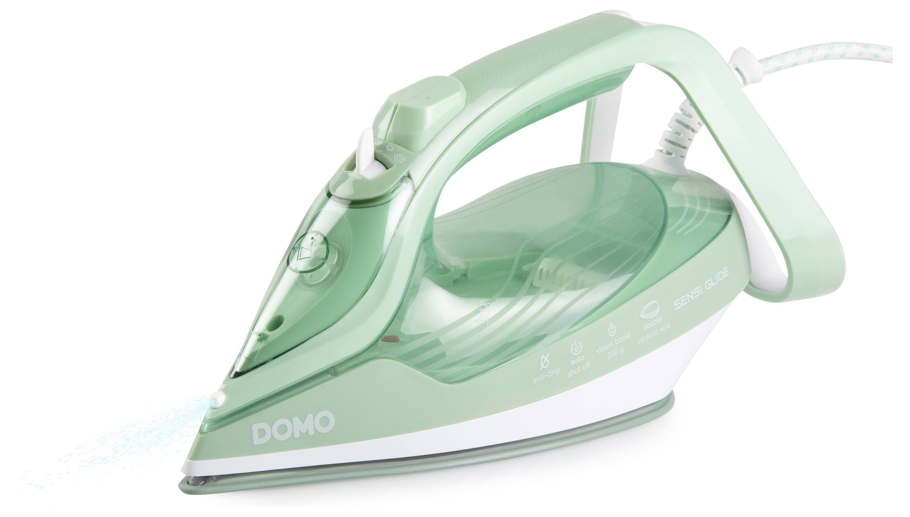 Un fer à repasser à vapeur vert libérant un jet de vapeur. Le nom de marque 'DOMO' est visible sur son côté.