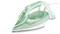 Un fer à repasser à vapeur vert libérant un jet de vapeur. Le nom de marque 'DOMO' est visible sur son côté.