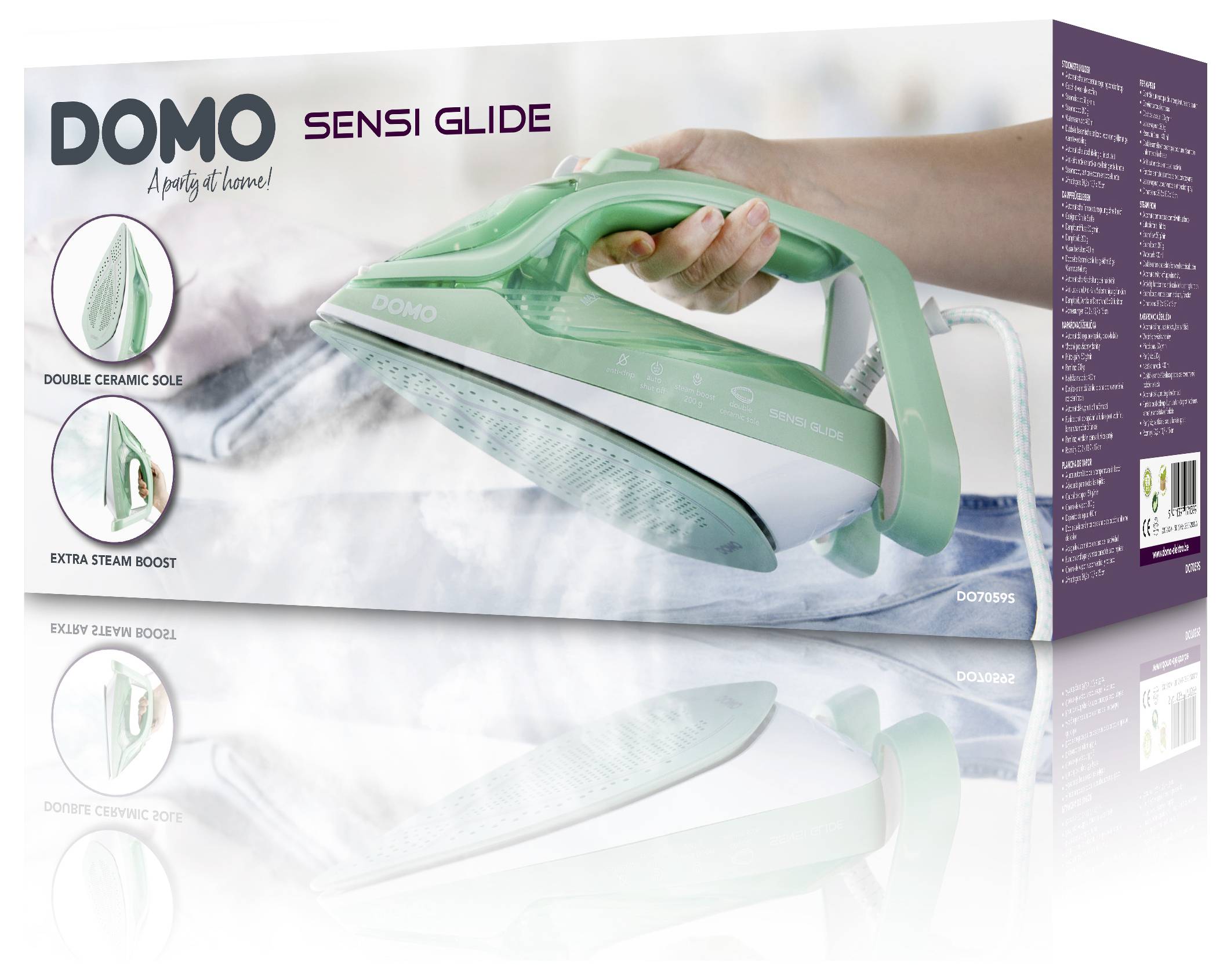 L'emballage du fer à repasser 'DOMO Sensi Glide' présente les caractéristiques du fer, comme une semelle en céramique double et un coup de vapeur supplémentaire, avec une image du fer en cours d'utilisation.