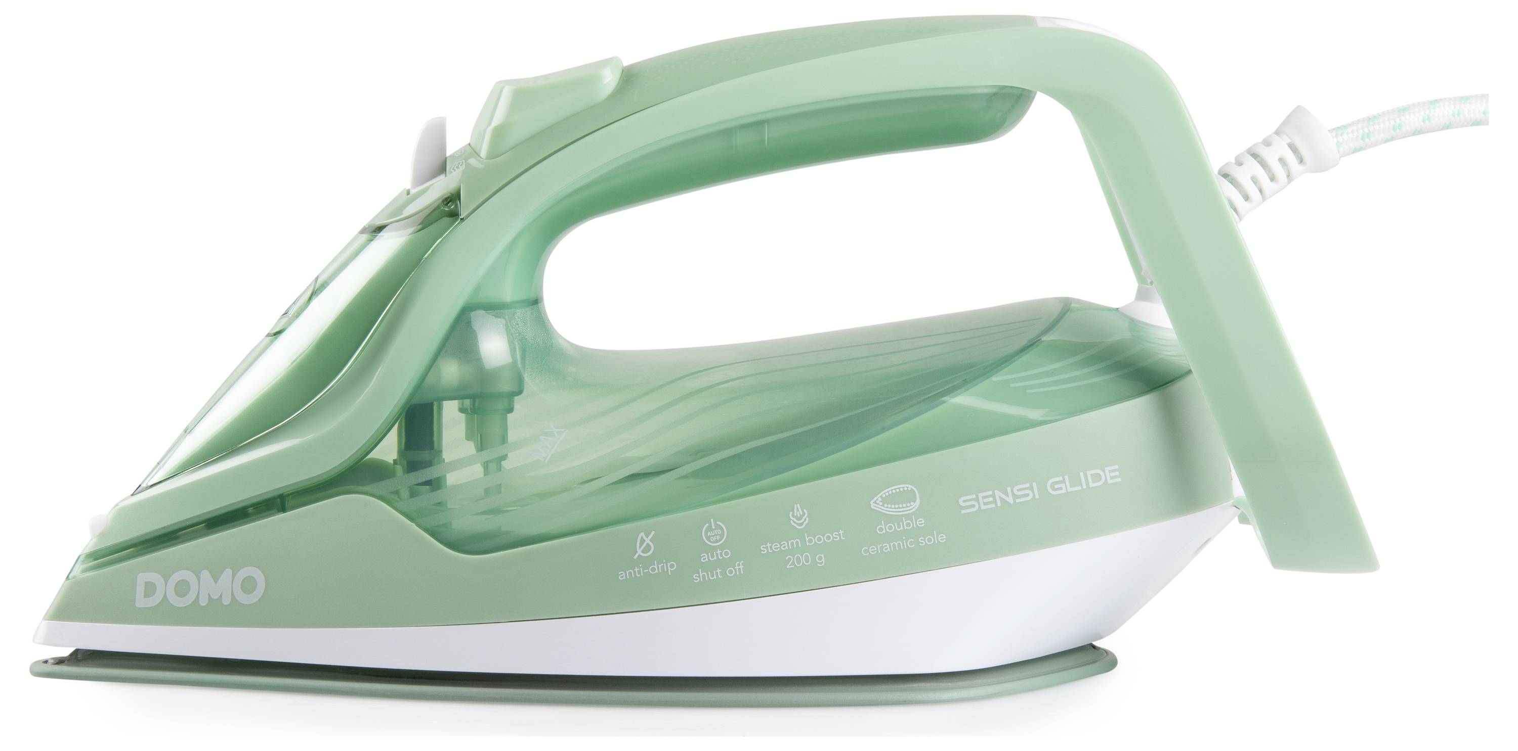 Un fer à repasser vapeur vert avec un réservoir d'eau transparent, portant l'étiquette « Domo Sensi Glide ». L'appareil est débranché et repose sur sa base.