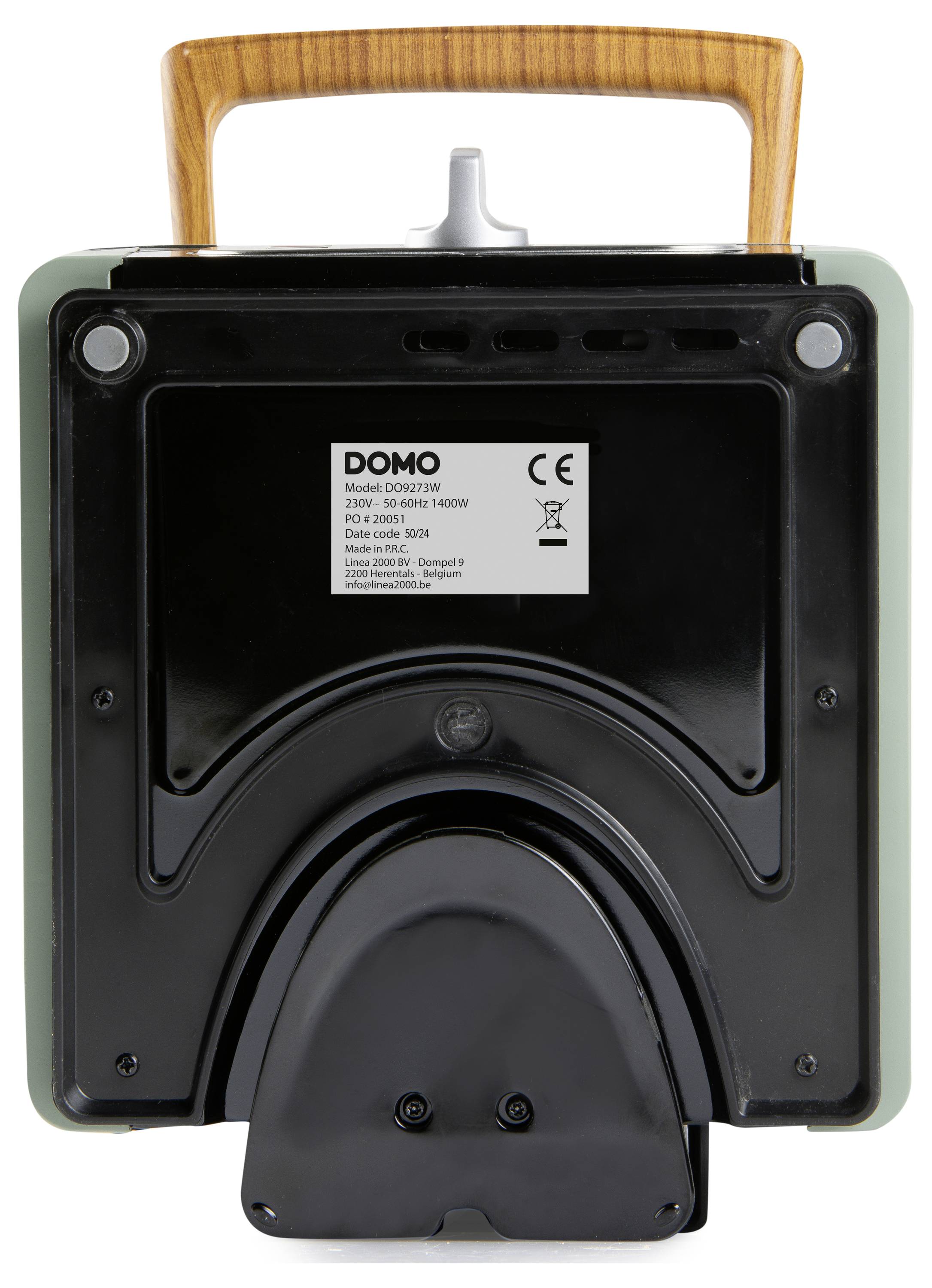 L'image montre l'arrière d'un appareil électrique DOMO avec une poignée en bois, affichant le numéro de modèle DO9177W, les spécifications de puissance et le marquage CE.