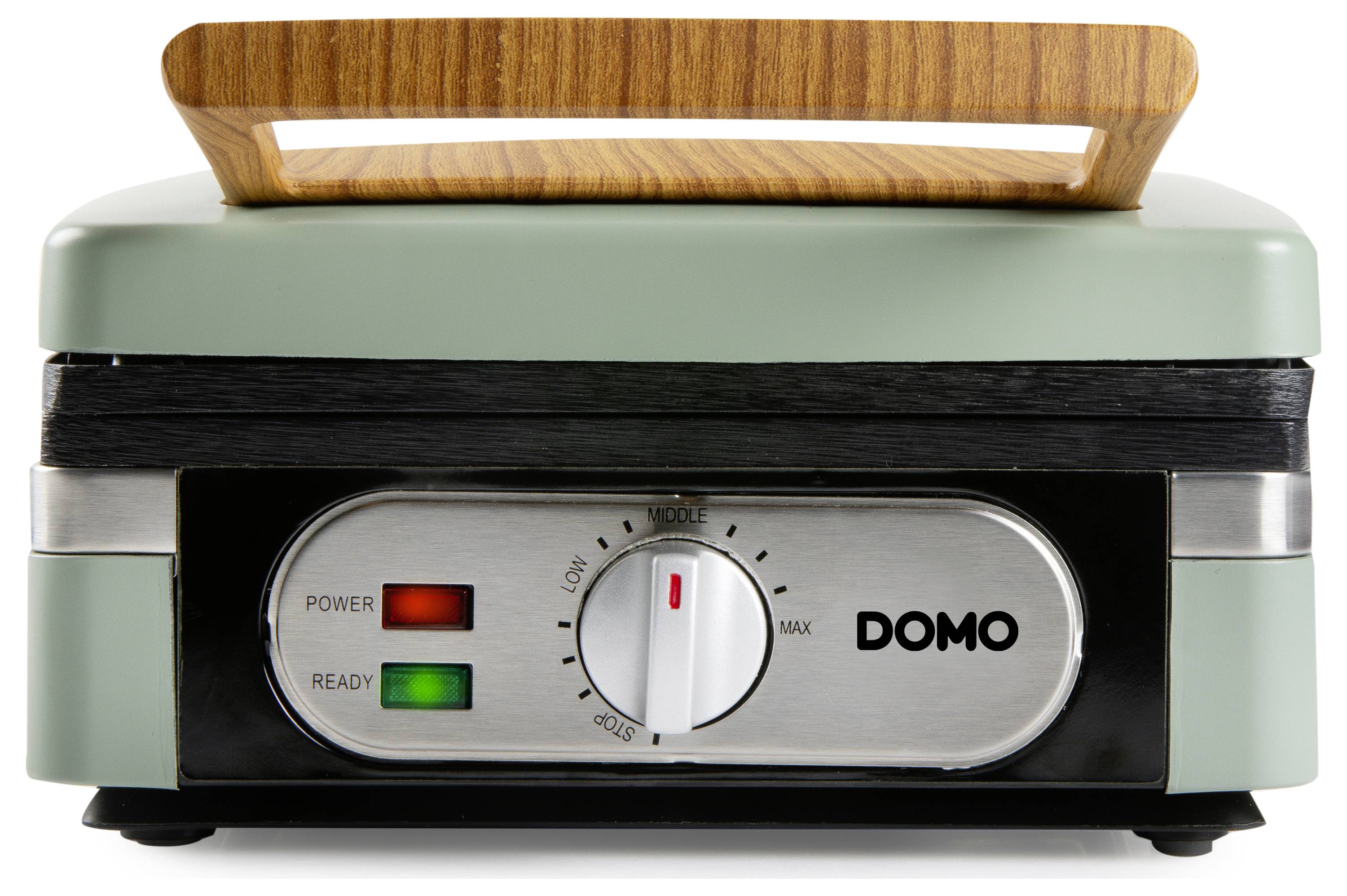 Un grille-pain compact avec une poignée en bois, doté de deux voyants lumineux, un cadran étiqueté de 'Bas' à 'Max', et le nom de marque 'DOMO'.