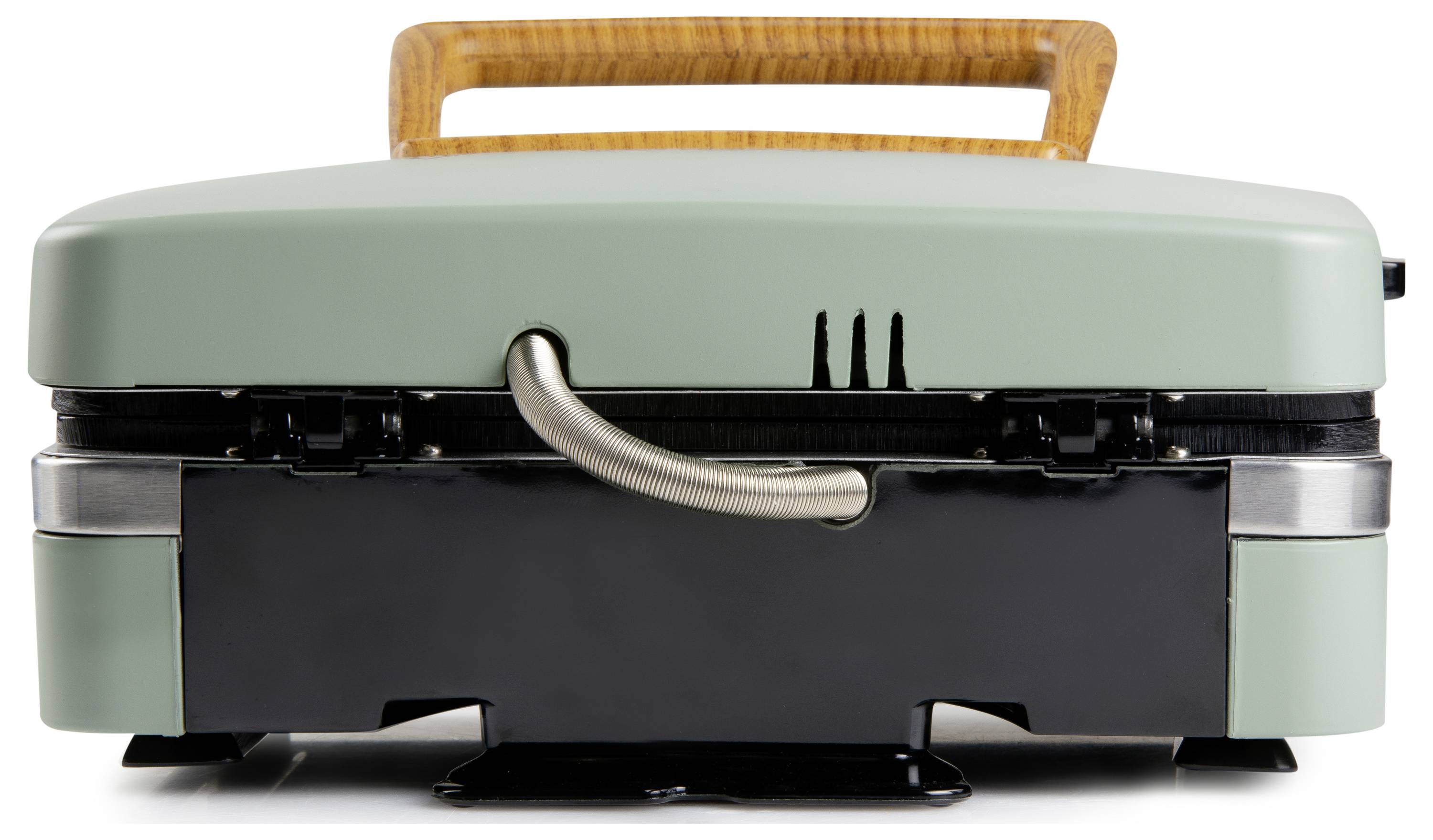 Un tourne-disque portable de style rétro avec un boîtier vert, une poignée en bois et un bras métallique visible de côté.