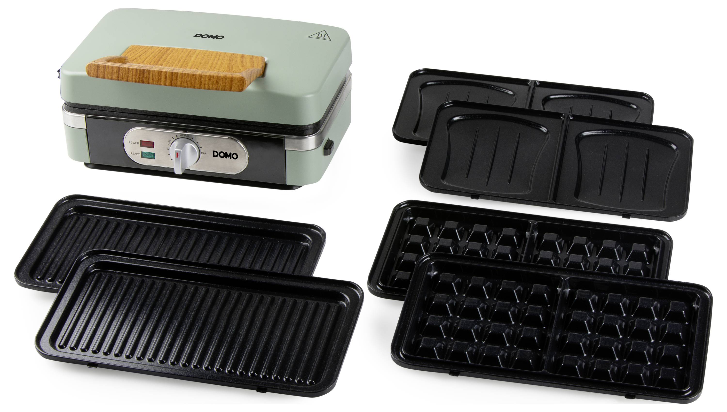 Une machine à griller compacte multifonction avec différentes plaques interchangeables, comprenant des plaques pour griller, faire des gaufres et presser des sandwichs.